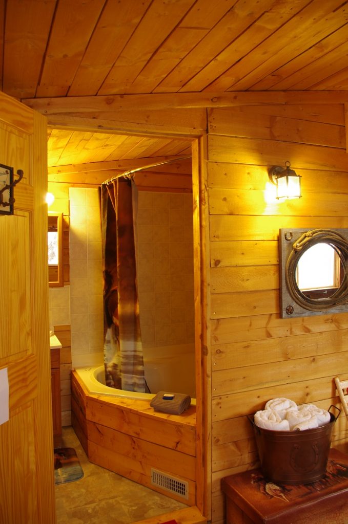 Bathroom and two person Jacuzzi tub in Cowboy's Cabin at Historic Reesor Ranch.