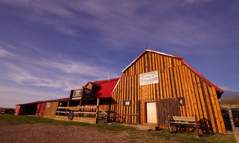 Old Log Barn with main door at Historic Reesor Ranch